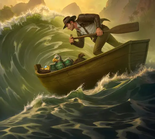 Explorateur déterminé luttant contre une vague puissante à bord d’une barque chargée de trésors, illustrant le courage, la persévérance et les opportunités offertes par le casino sankra dans un univers d’aventure