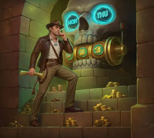 Explorateur pensif face à un mécanisme ancien en forme de crâne lumineux, entouré de pièces d’or, illustrant une prise de décision stratégique et l’accès progressif aux récompenses offertes par le casino en ligne de sankra